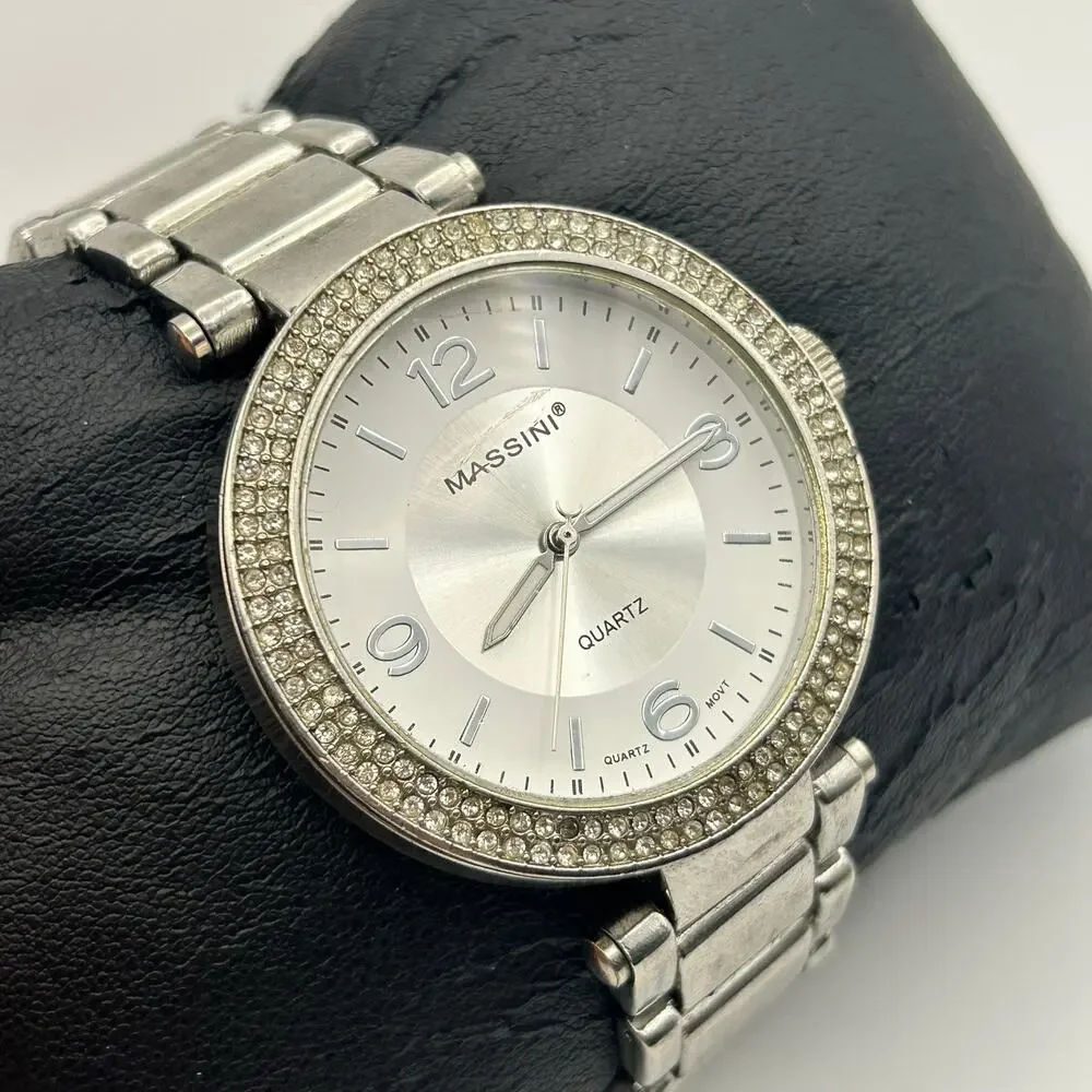 Massini Silver-tone Crystal Bezel Quartz Watch Working New Battery